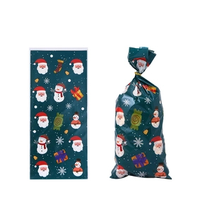 Flat and 3D view of dark green Christmas OPP gift bags with festive Santa Claus prints
