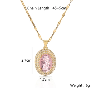 Detail view of 18k gold plated necklace with oval pink zircon pendant and dimensions