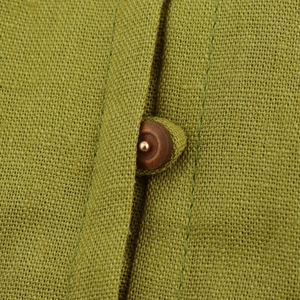 Green sleeveless square neck dress in linen fabric with natural wood button detail