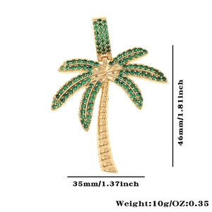 Detailed view of gold coconut tree pendant with green stones and dimensions 46x35mm