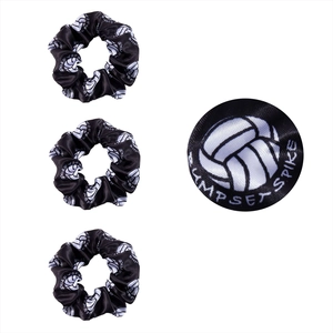 Set of three black satin scrunchies with white volleyball spike bump set print pattern