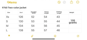 Size chart for casual lapel jacket with detailed measurements for bust, shoulders and length