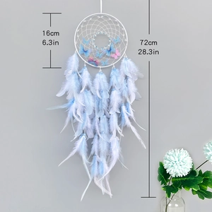 Blue and white dreamcatcher with feathers and butterflies for wall decor, 16x72cm