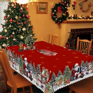 Festive red Christmas tablecloth with Merry Christmas text for holiday dining decoration