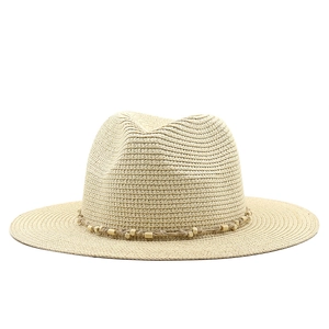 Classic straw jazz fedora with woven rope and wooden bead chain for beach sun protection