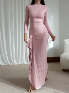 Pink long sleeve Y2K maxi dress with side slit and ruffle details for elegant women