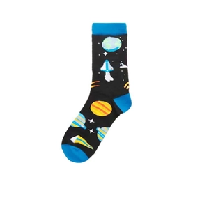 Detail of crew socks with space pattern including planets and rockets on black cotton