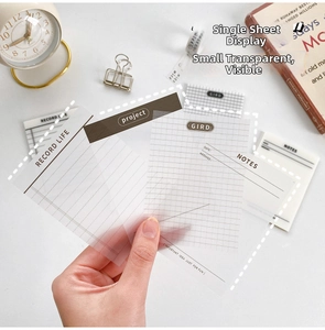 Macro shot of translucent PET sticky notes showing lined and grid layout designs