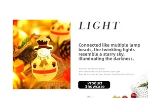 Macro detail of snowman LED light with warm glow and festive scarf for tree decoration