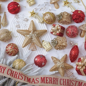 Champagne Christmas ornaments set with star tree topper and festive glitter baubles