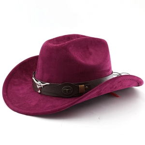 Close-up of purple western cowboy hat with brown belt and silver bull head metal ornament