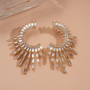 Golden C-shaped flower earrings with sparkling rhinestones in a fan-shaped geometric design
