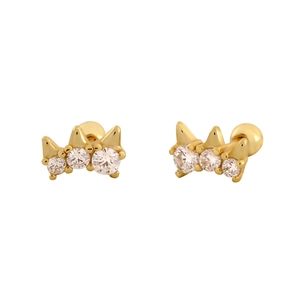 Golden S925 silver stud earrings with three zircons and screw back for women