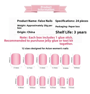 Size chart detail for press-on nails including 24 pieces and 12 dimensions in millimeters