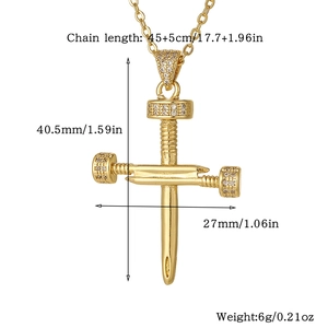 Detail showing cross pendant dimensions 40.5x27mm and 45cm chain length for this gold necklace
