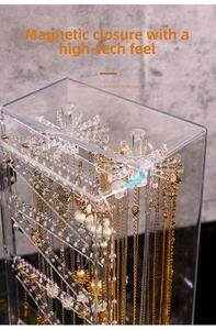 Macro detail of acrylic jewelry box featuring dustproof magnetic closure and hangers