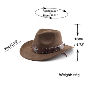 Detailed size chart for brown western cowboy felt hat with dimensions and silver star trim