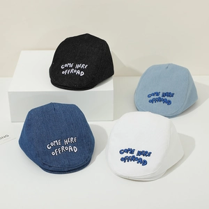 Kids Beret Hat Cotton Denim Embroidered Letter Flat Cap Adjustable Sun Protection Casual Street Style Newsboy Cap