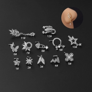 20G titanium steel L-shaped nose studs with sparkling zircon in 12 unique silver styles