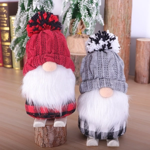 Christmas Skiing Gnome Doll Knitted Plush Tomte Ornament Wooden Skis Buffalo Plaid Winter Holiday Home Table Decoration