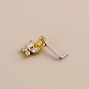 Elegant gold butterfly nose stud with marquise cubic zirconia on L-shaped stainless steel bar