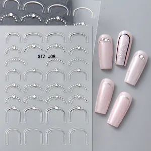 Autocollants 5D argentés pour ongles avec lignes chromées et motifs de strass