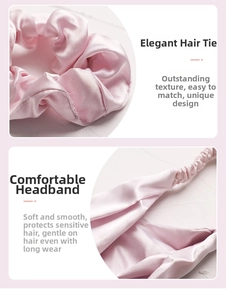 Detailed view of soft pink satin scrunchie and elastic headband with silky texture