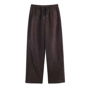 Pantaloni larghi marroni a vita alta da donna con elastico in vita e coulisse regolabile