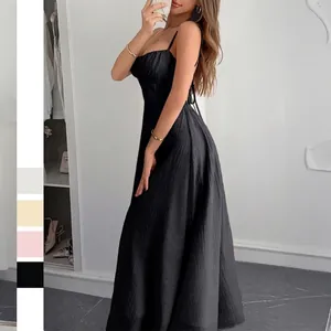 Women Summer Maxi Dress Pleated Knit Backless Spaghetti Strap Lace Up Slim Fit Vacation Casual Long Sundress