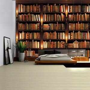 Detailed indoor view of 3D bookshelf tapestry used as a bedroom background wall decor