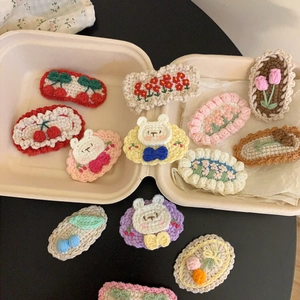 Handmade crochet BB hair clips with embroidered cherry and flower patterns in gift box