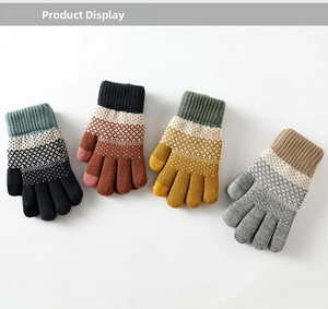 Detailed display of thick knitted gloves in four colorways with warm ribbed wrist cuffs