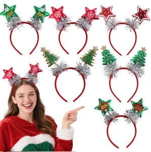 Detail view of assorted Christmas headbands with stars, trees and festive patterns
