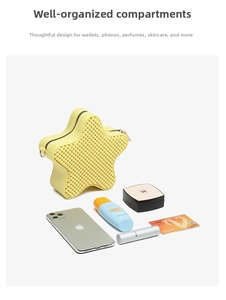 Detail view of yellow star-shaped jelly bag showing capacity for phone and cosmetics
