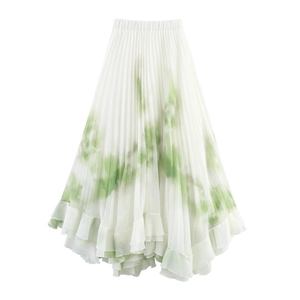 Bohemian pleated chiffon maxi skirt with green tie-dye print and ruffled hem