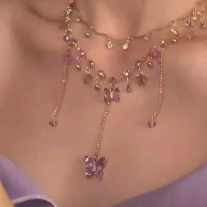 Double Layer Necklace Alloy Purple Crystal Butterfly Pendant Tassel Elegant Clavicle Chain Jewelry For Women