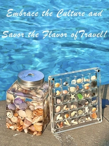 30-grid clear acrylic shell storage box and jar set displayed by the pool water