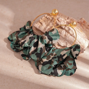 Retro camo fabric petal hoop earrings with golden metal hooks for women