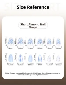 Size chart for short almond press-on nails featuring blue bows and checkered designs