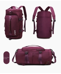 Three-way view of charming purple nylon travel backpack showing multi-pocket structure