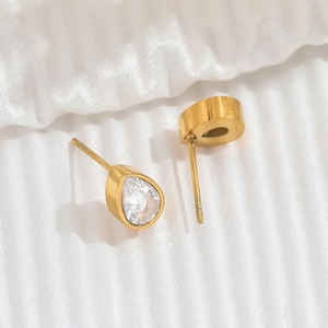 Elegant gold pear-cut cubic zirconia drop earrings for women with polished finish
