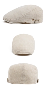 Detailed views of linen flat cap showing bronze side buckles and woven texture