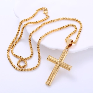 Vintage 18K gold plated stainless steel box chain necklace with embossed cross pendant