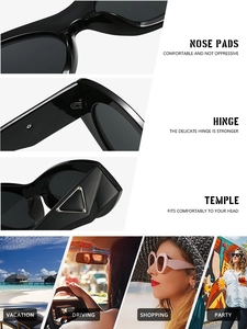Detail view of comfortable nose pads, reinforced hinges and stylish temples of oval sunglasses