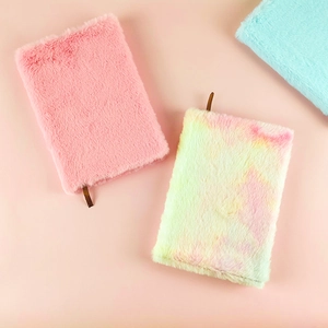 Dettaglio di quaderni in peluche colorati con copertine in rosa, arcobaleno e verde menta
