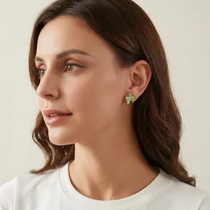 Elegant s925 sterling silver ribbon bow earrings with rectangular green gemstone on model