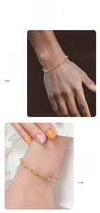 Detail shots of 14K gold-plated paperclip chain bracelet on male and female wrists