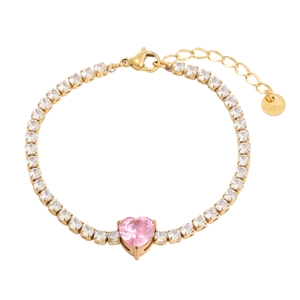 Luxury 18K gold-plated stainless steel tennis bracelet with pink heart zircon