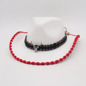 Western Cowboy Hat Vintage Felt Wide Brim With Metal Bull Head Ethnic Woven Band For Men Women