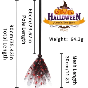 Detailed size specifications for a luminous Halloween witch broom with red spider sequins